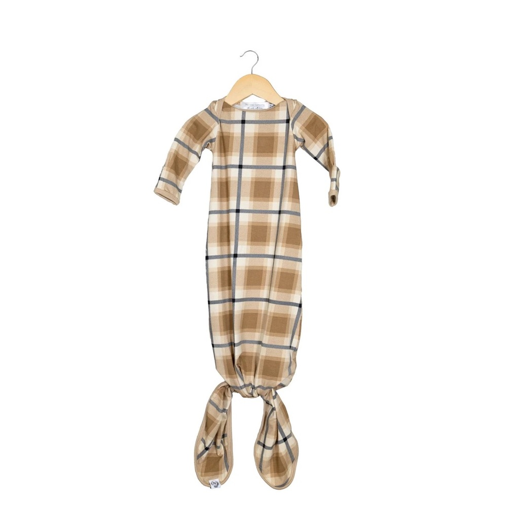 The OVer Company nodo knotted sleep gown in philip tan plaid